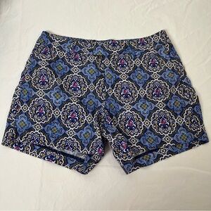 Level 99 Blue and White Linen Shorts with Intricate Pattern